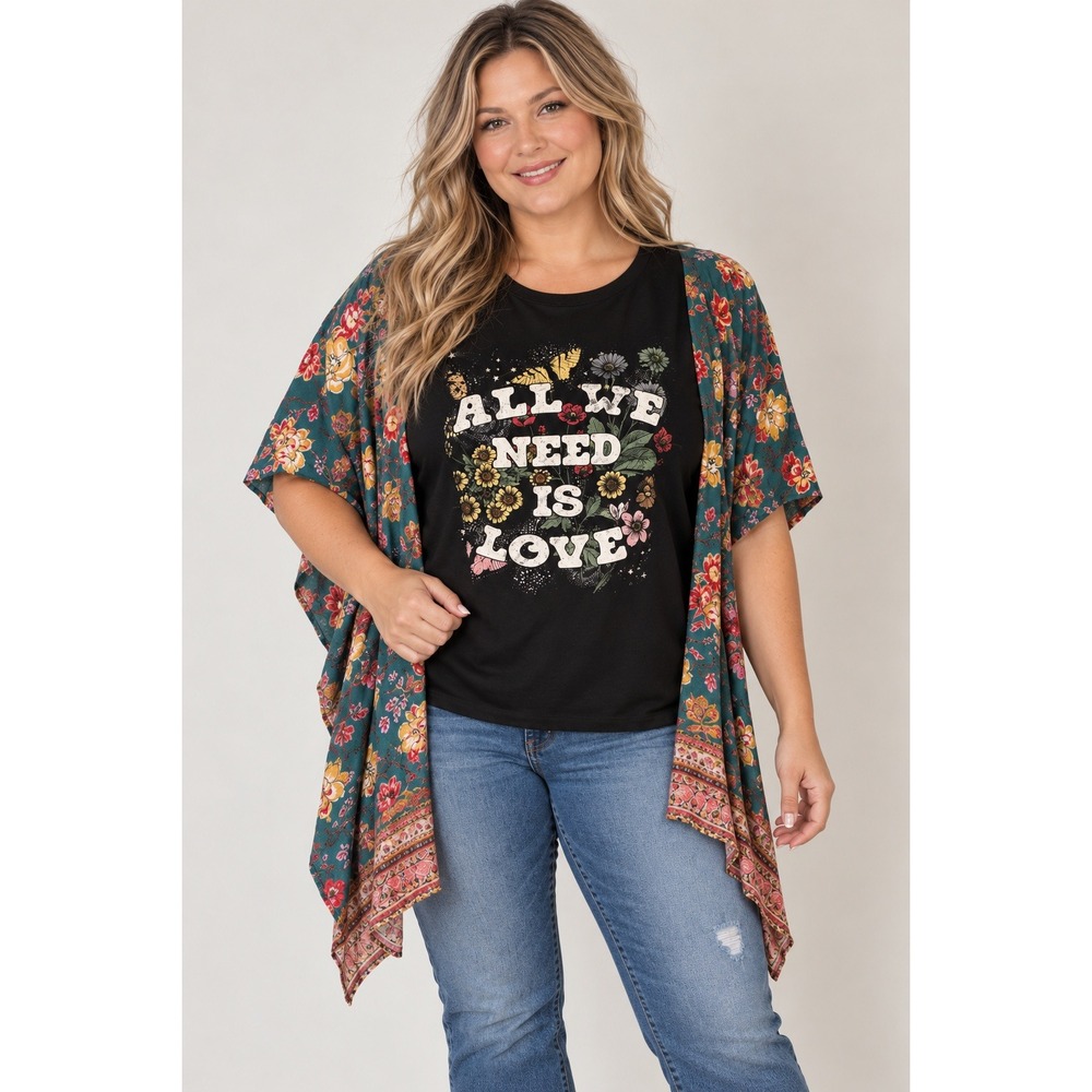 All We Need Is Love Mixed Media Graphic upcycled Floral Kimono Sleeve Boho Top